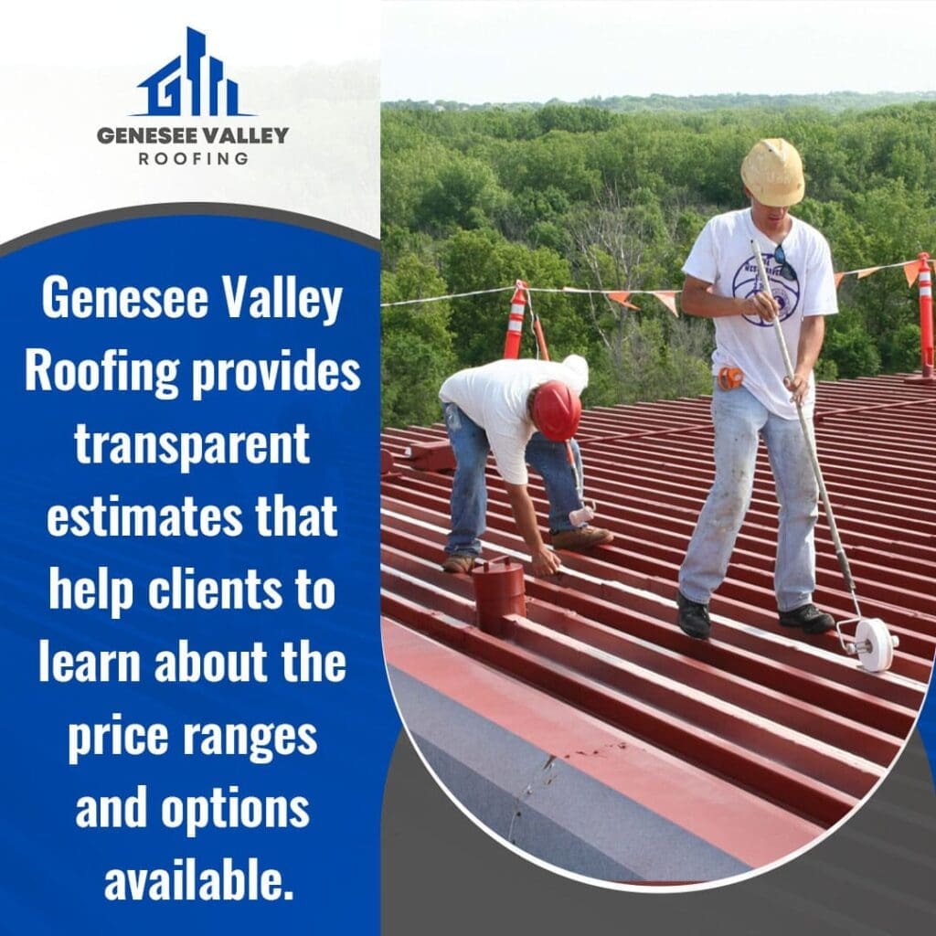 Two workers in hard hats and safety vests are on a red metal roof