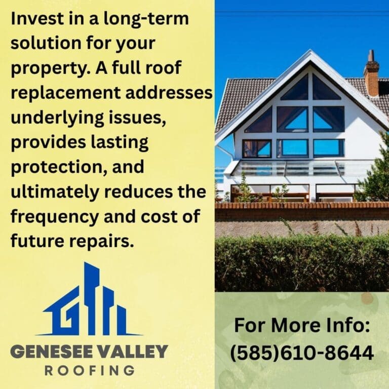 A Genesee Valley Roofing promotional image advocating for full roof replacement. The left side features dark gray text on a yellow background, explaining that a full roof replacement is a long-term solution that addresses underlying issues, provides lasting protection, and reduces future repair costs. The Genesee Valley Roofing logo is centered below this text. The right side shows a bright image of a modern white house with large windows and a well-maintained roof, set against a blue sky. Below the house, on a light green background, is contact information: "For More Info: (585)610-8644".
