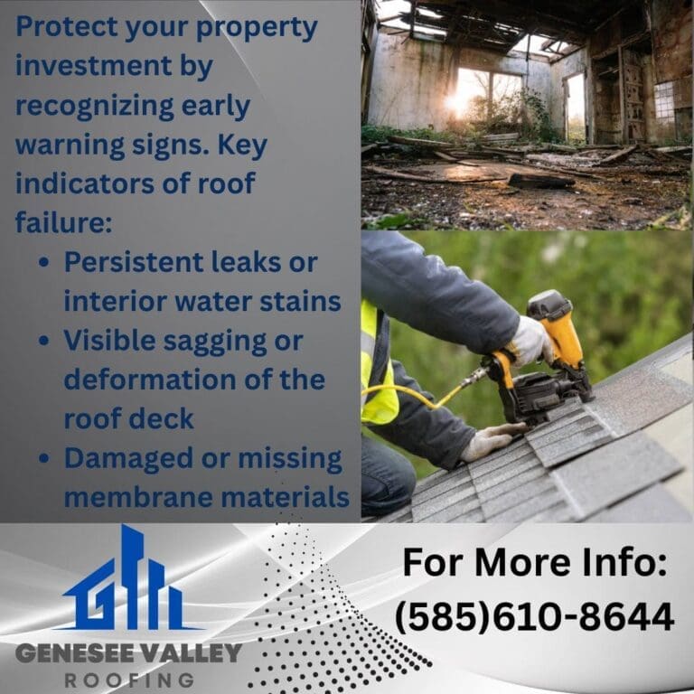 Infographic showing early warning signs of commercial roof failure from Genesee Valley Roofing in Buffalo, NY