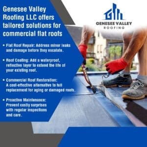 Genesee Valley Roofing advertisement showing roofers applying a coating to a flat commercial roof. The text outlines Genesee Valley Roofing LLC's tailored solutions for commercial flat roofs, including repair, coating, restoration, and proactive maintenance.