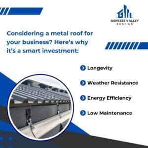 An infographic from Genesee Valley Roofing highlighting the benefits of metal roofs for businesses, including longevity, weather resistance, energy efficiency, and low maintenance. A close-up of a gray metal roof is featured in a circular frame.