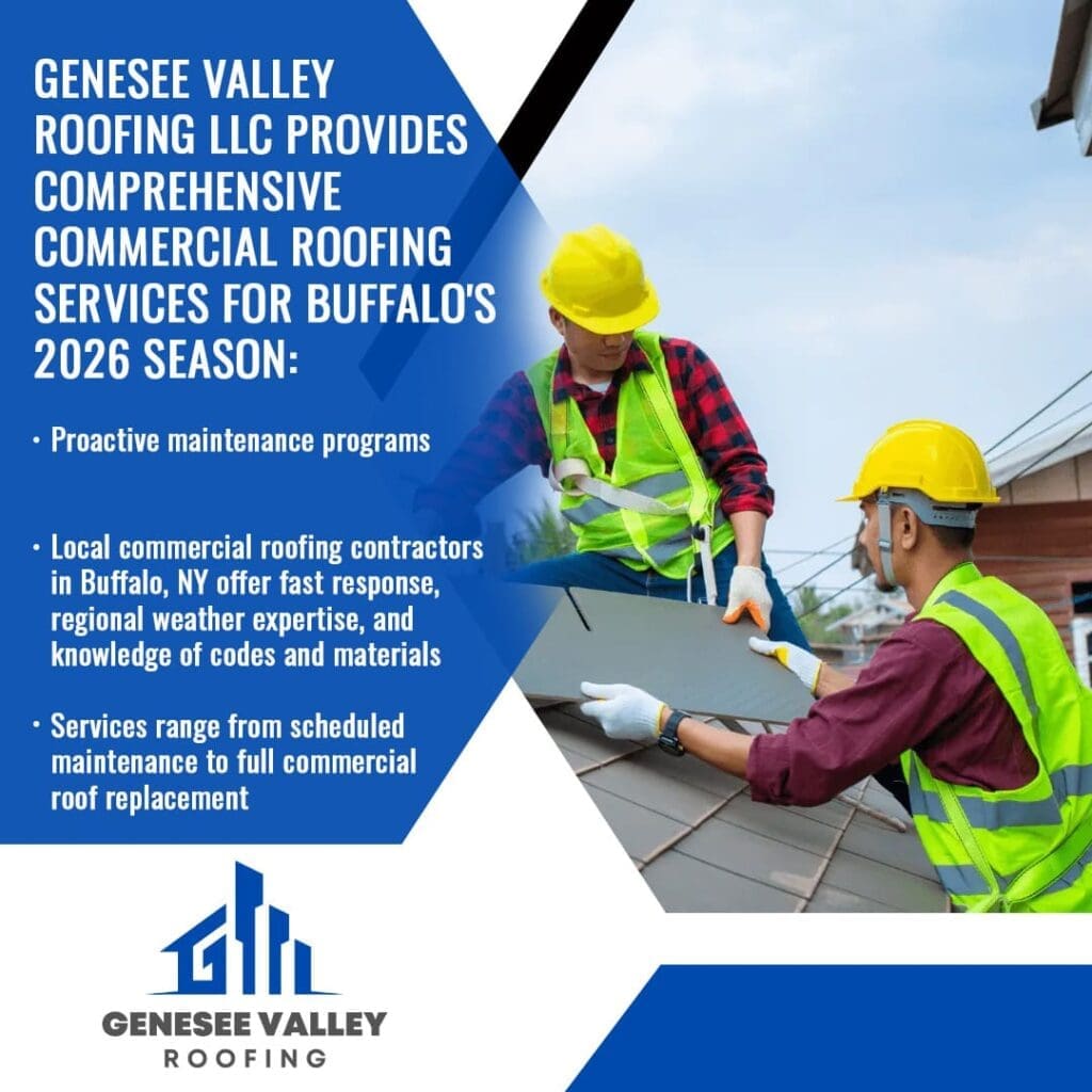 Two workers in yellow hard hats and safety vests installing roofing material on a residential building. The image uses a blue and white color scheme with a list of services including proactive maintenance programs, local commercial roofing expertise for Buffalo, NY, and full roof replacement.