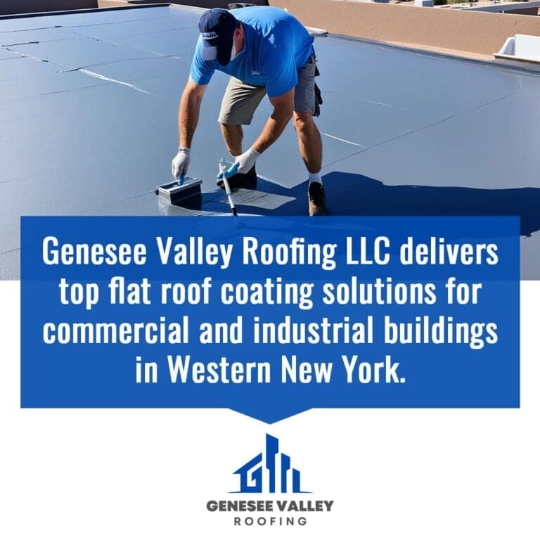 A professional roofer from Genesee Valley Roofing applying a gray liquid coating to a flat commercial roof
