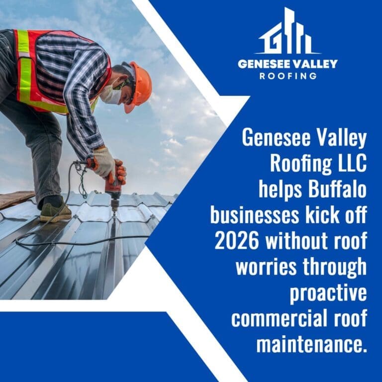 A commercial roofer in a safety vest and hard hat uses a power drill on a metal roof during maintenance