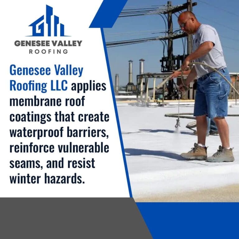 A worker spray-applying a white liquid membrane coating onto a flat commercial rooftop