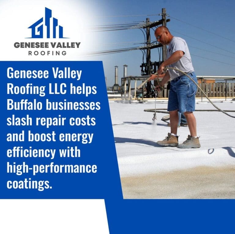 A technician applying a white high-performance liquid roofing coating to a flat commercial roof in Buffalo
