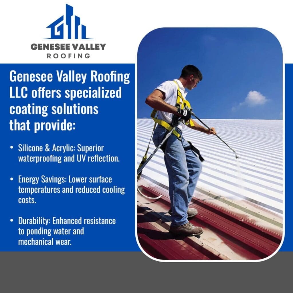 a worker in a safety harness spray-coating a metal roof