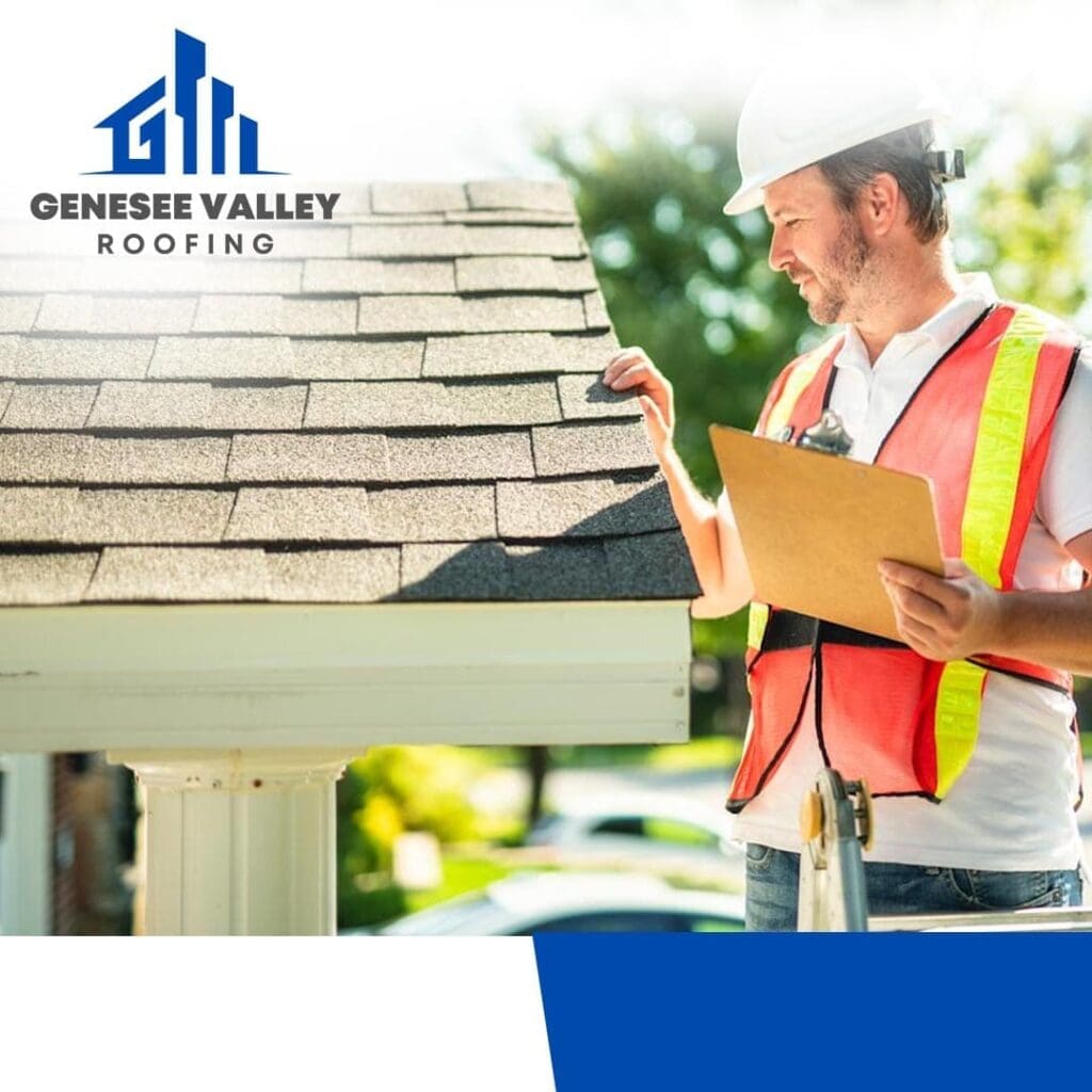 Roof inspector checking residential shingles with clipboard for roof condition assessment