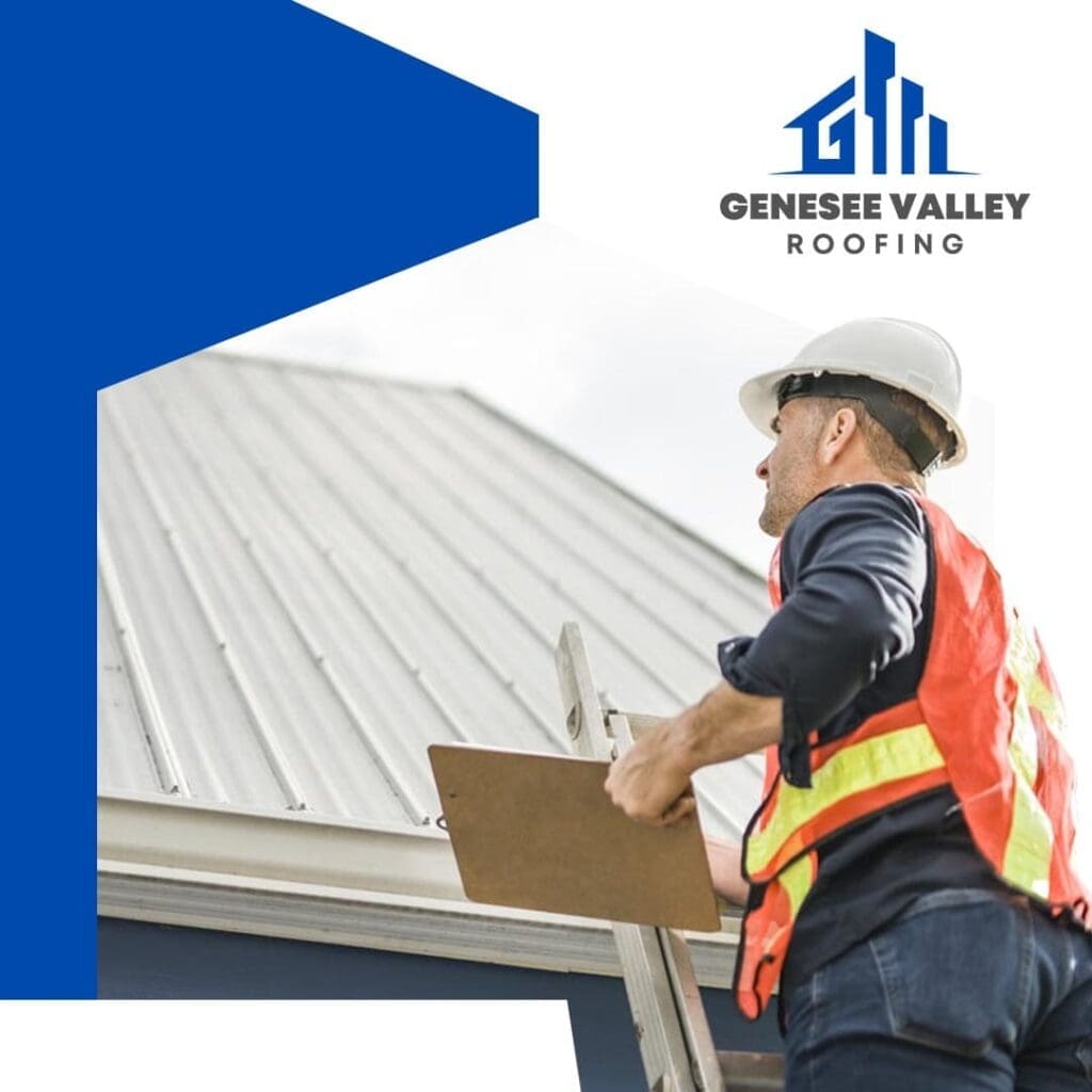 Roofing contractor inspecting metal roof with clipboard for quality assessment and maintenance