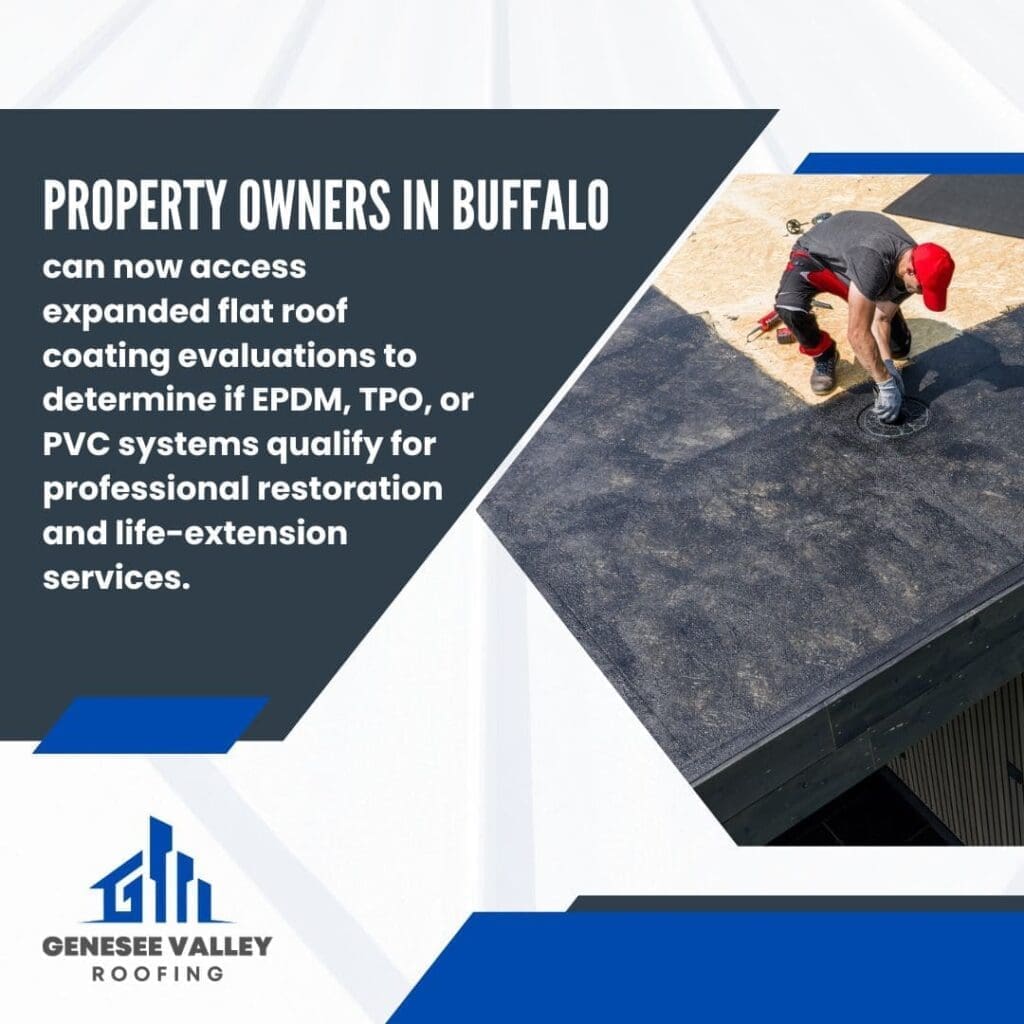 Commercial flat roof restoration and life-extension services for EPDM and TPO roofs in Buffalo by Genesee Valley Roofing.