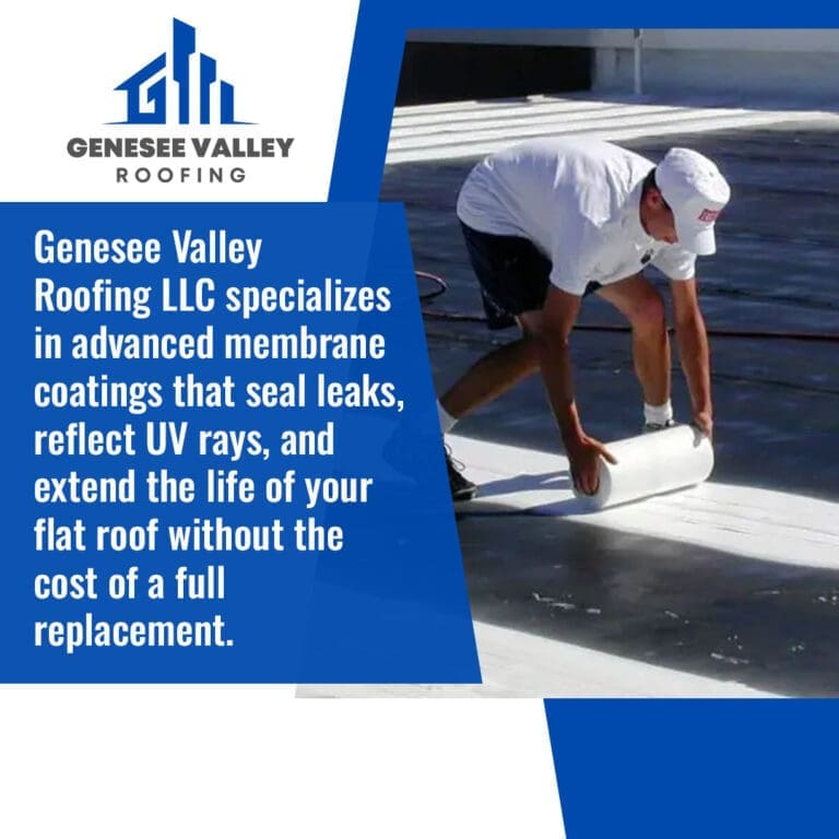 A roofing contractor rolling out a white protective membrane coating over a flat commercial roof to seal leaks and reflect UV rays.