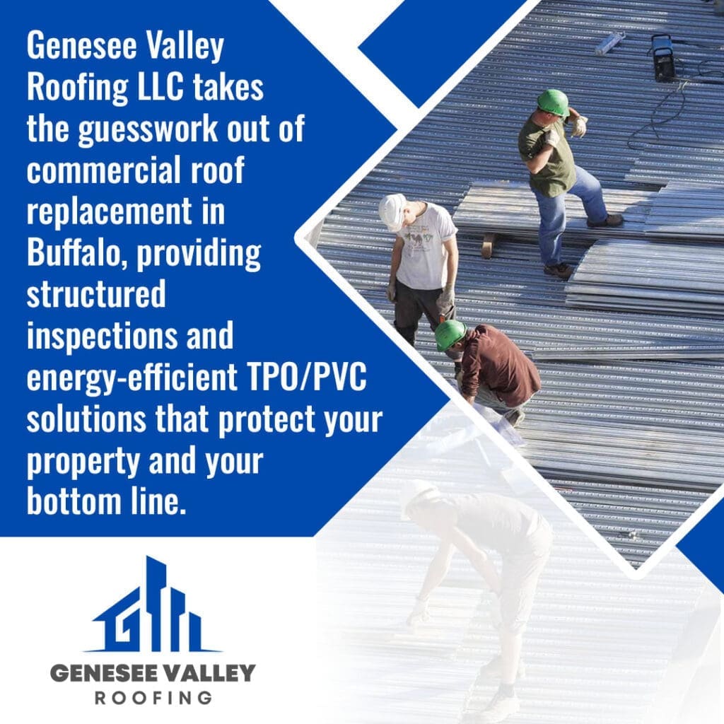 Commercial roofers installing a corrugated metal deck for an energy-efficient TPO or PVC roof replacement project in Buffalo.