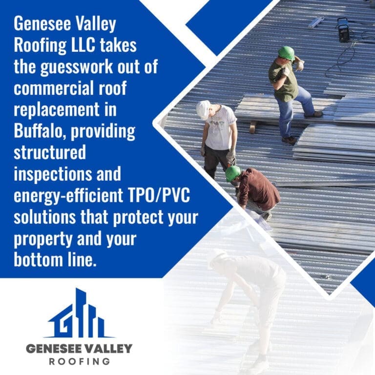 Commercial roofers installing a corrugated metal deck for an energy-efficient TPO or PVC roof replacement project in Buffalo.