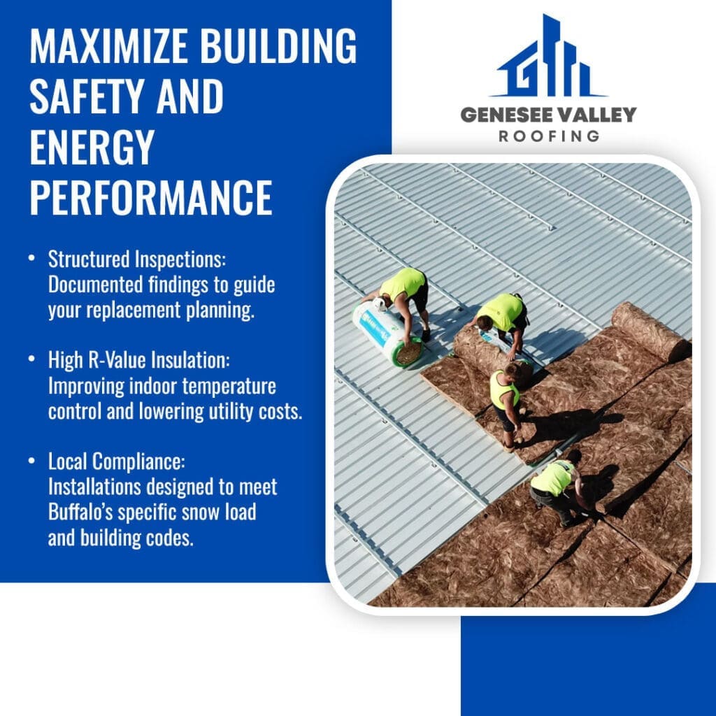 An aerial view of roofing contractors installing high R-value insulation rolls onto a commercial building roof to meet Buffalo building codes.