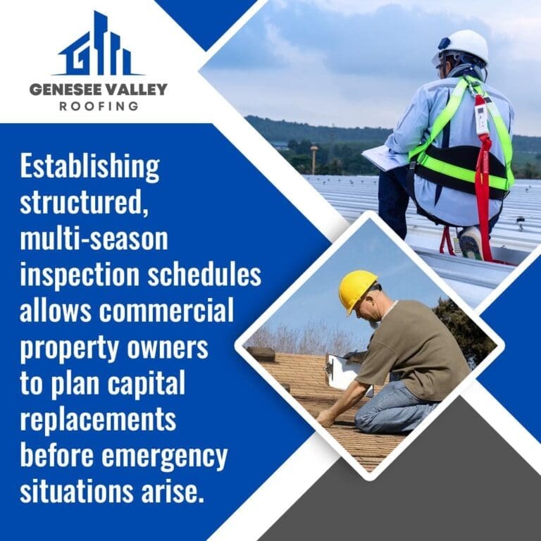 A commercial roofing inspector reviewing a property's roof structure to establish multi-season inspection schedules and plan capital replacements.
