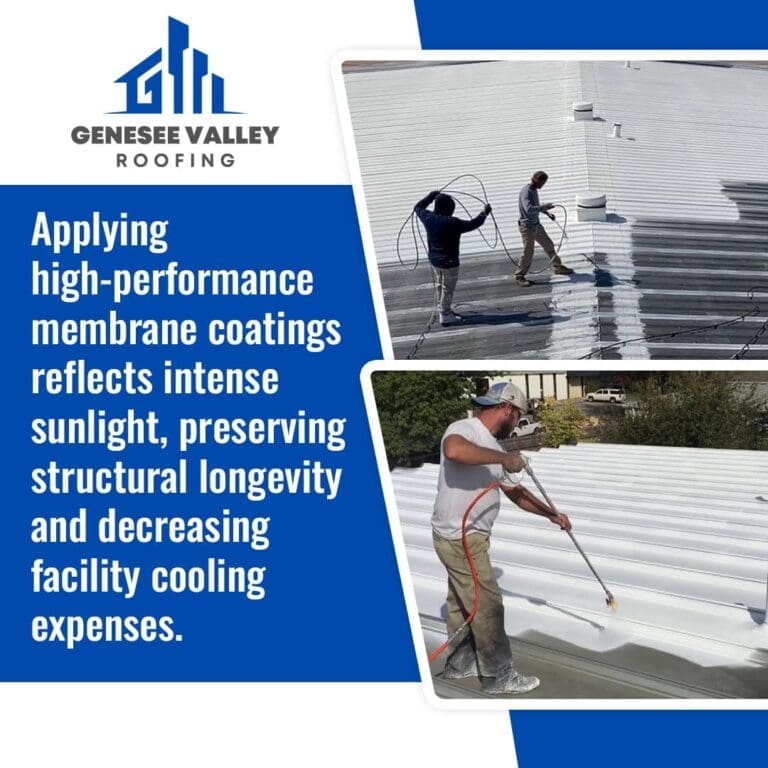 Roofing professionals spraying high-performance white reflective membrane coatings on a commercial metal roof to decrease facility cooling expenses.